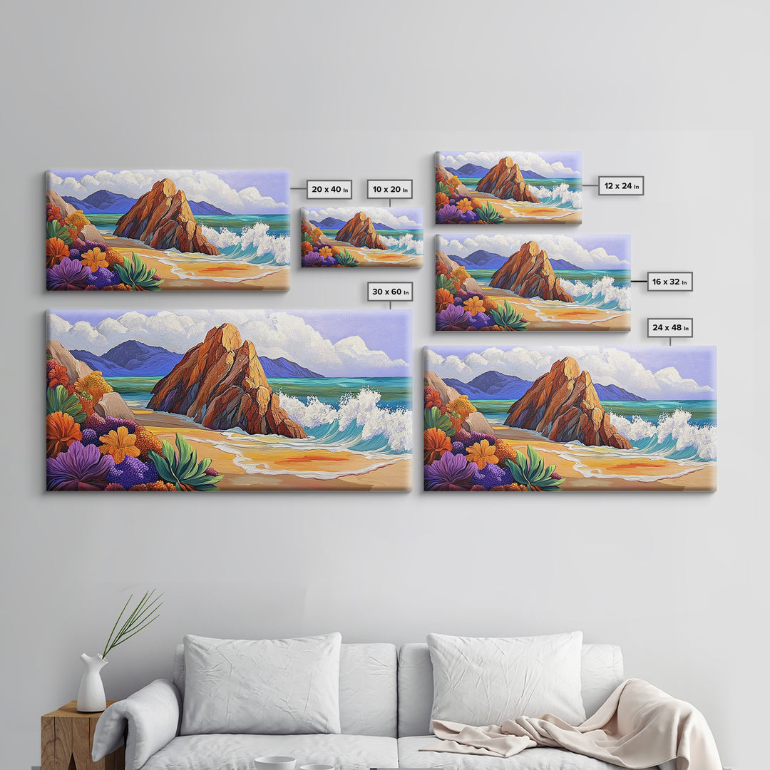 Rocks Beach, Flowers, Ocean, Framed Canvas Print, colorful tropical seascape, modern coastal wall art, bright nature themed decor
