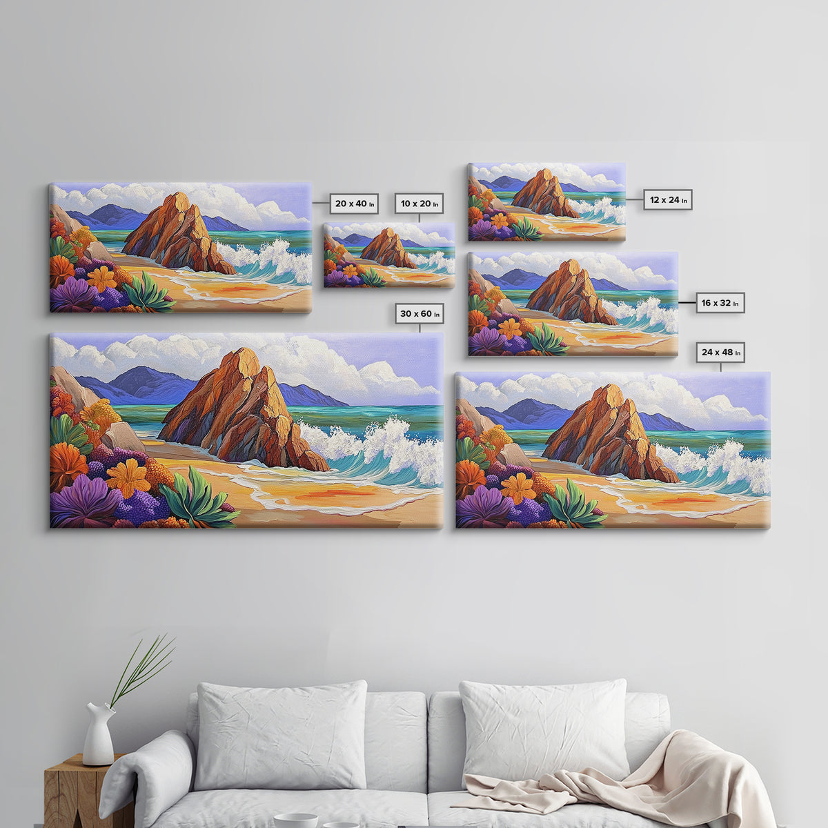 Rocks Beach, Flowers, Ocean, Framed Canvas Print, colorful tropical seascape, modern coastal wall art, bright nature themed decor