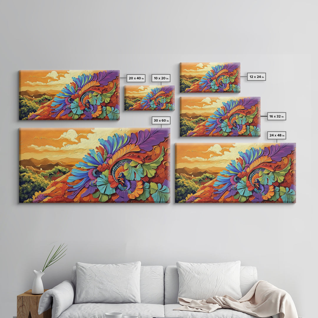 Colorful Feather, Design, Sunset, Framed Canvas Print, southwest wall art, abstract boho style, living room wall art, desert tones