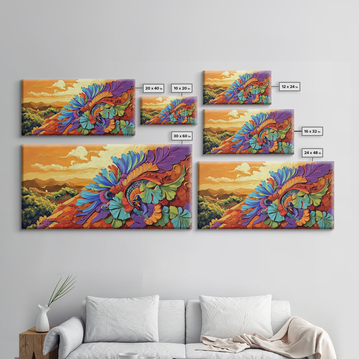 Colorful Feather, Design, Sunset, Framed Canvas Print, southwest wall art, abstract boho style, living room wall art, desert tones
