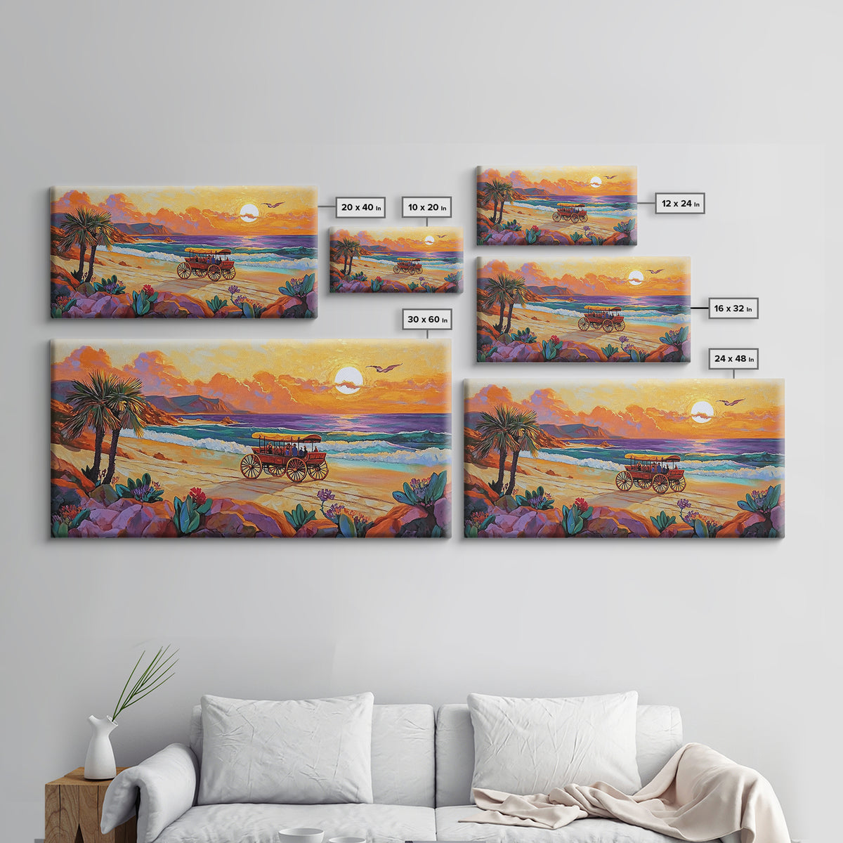 Horse Carriage, Sunset, Beach, Framed Canvas Print, coastal western art, rustic sunset scene, boho living room wall decor