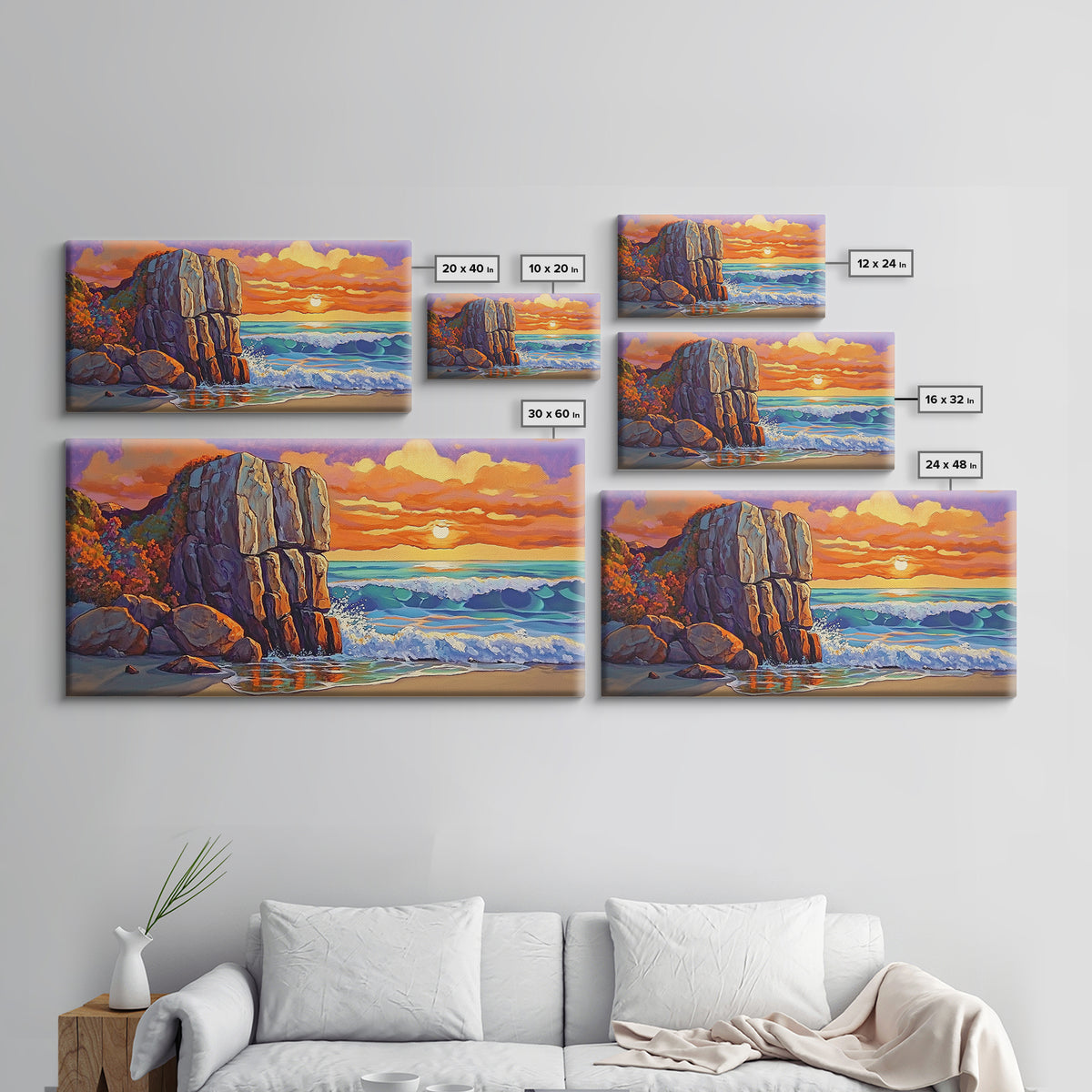 Rock Ocean, Sunset, Waves, Framed Canvas Print, coastal wall decor, bold shoreline art, living room beach style, nature theme