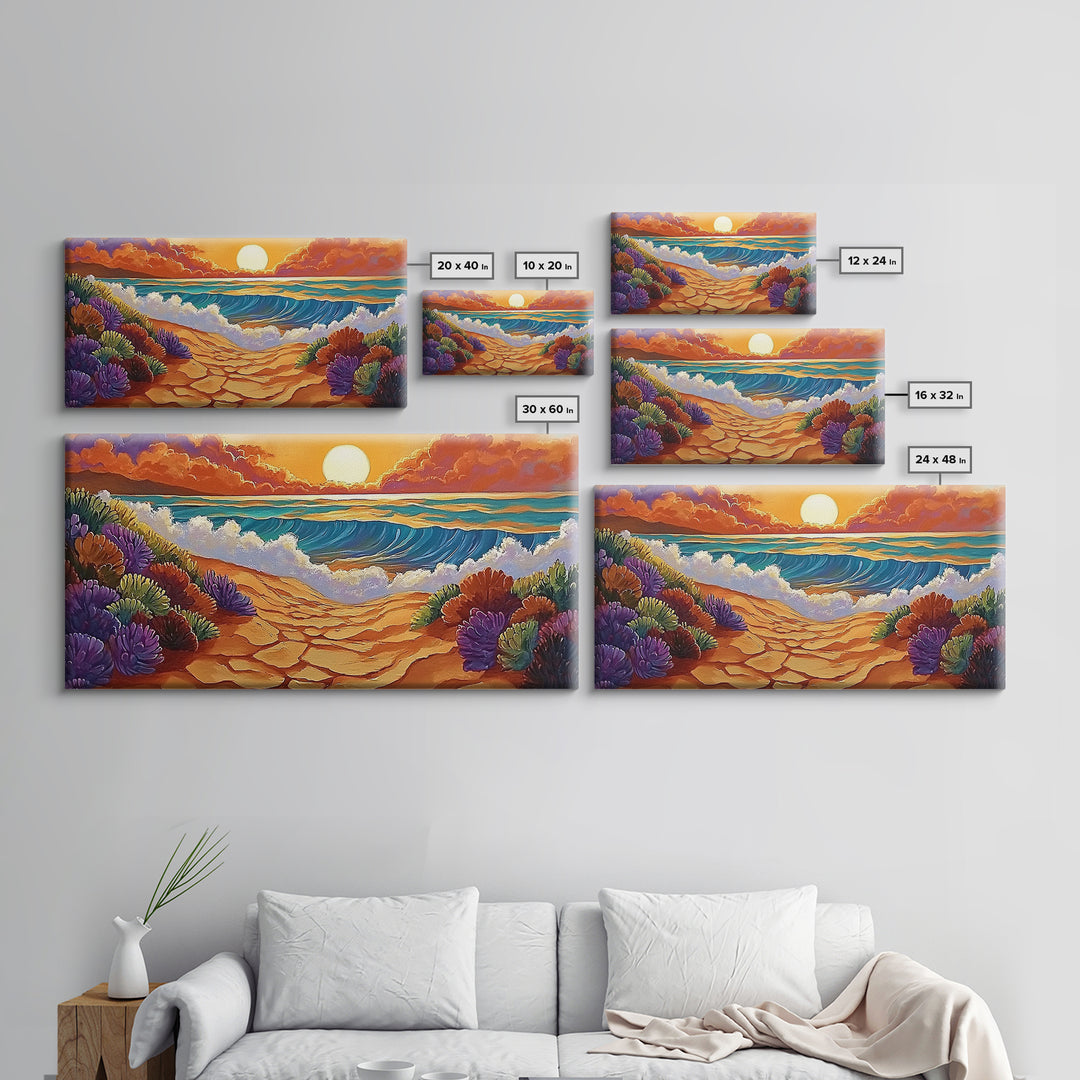 Beach Ocean, Sunrise, Coastal Path, Framed Canvas Print, Vibrant Seaside Art, Bathroom Wall Decor, Nature Landscape, Colorful Waves