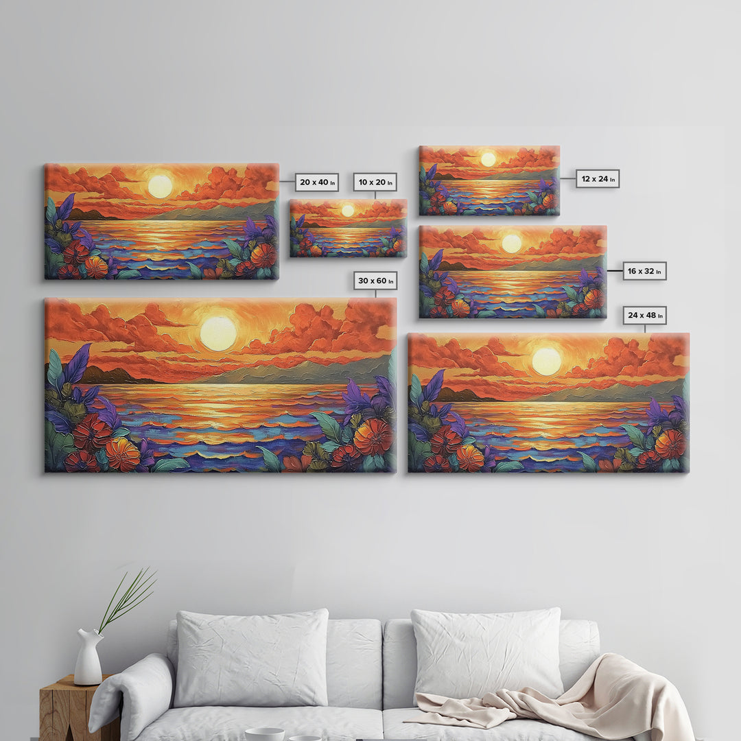 Flowers Sunset, Ocean View, Coastal Bloom, Framed Canvas Print, Vibrant Nature Art, Kitchen Wall Decor, Beach Garden Scene, Bold Colors