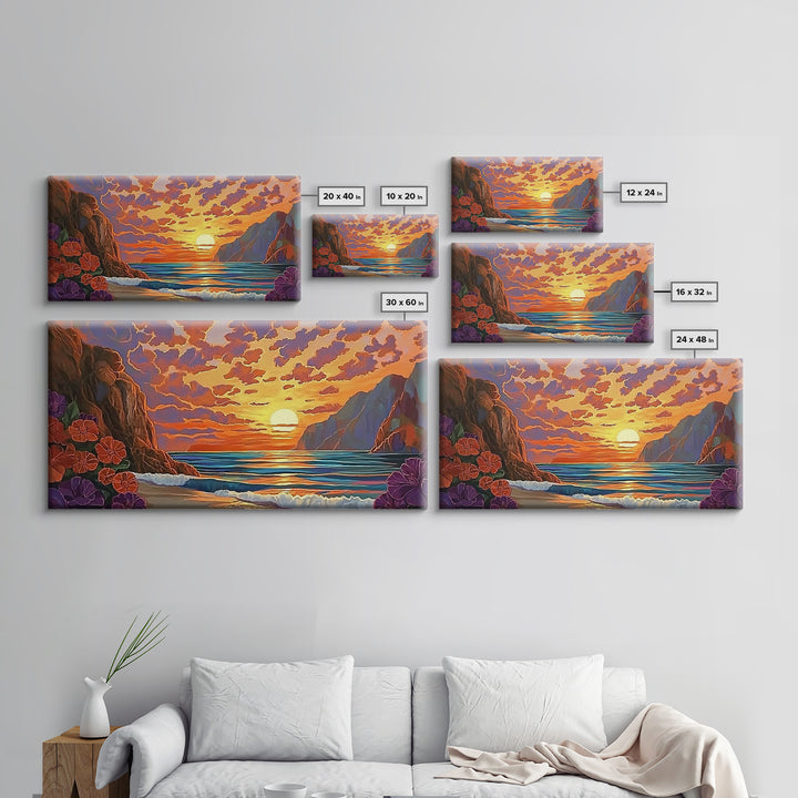 Beach Cliffs, Sunset, Vibrant Sky, Framed Canvas Print, Boho Coastal Art, Bedroom Wall Decor, Ocean View Painting, Tropical Landscape