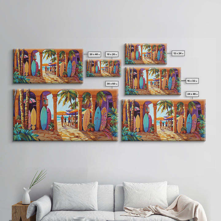 Surfboards Beach, Tropical, Colorful Life, Framed Canvas Print, Coastal Art, Entryway Wall Decor, Surf Shack Vibes, Tropical Summer