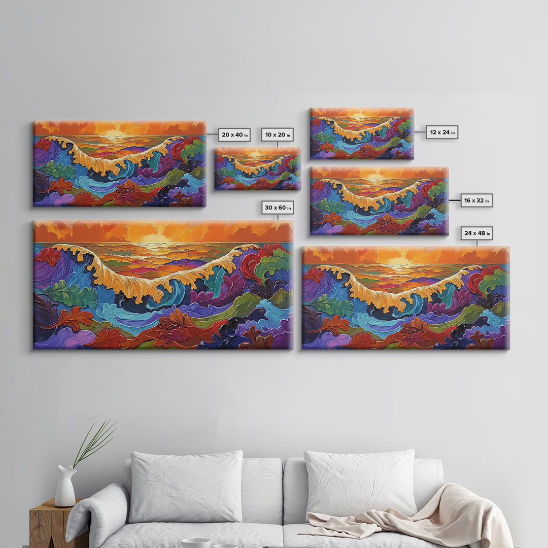 Ocean Abstract, Waves, Sunset, Framed Canvas Print, Surreal Coastal Art, Living Room Wall Decor, Fantasy Seascape, Boho Expressionist