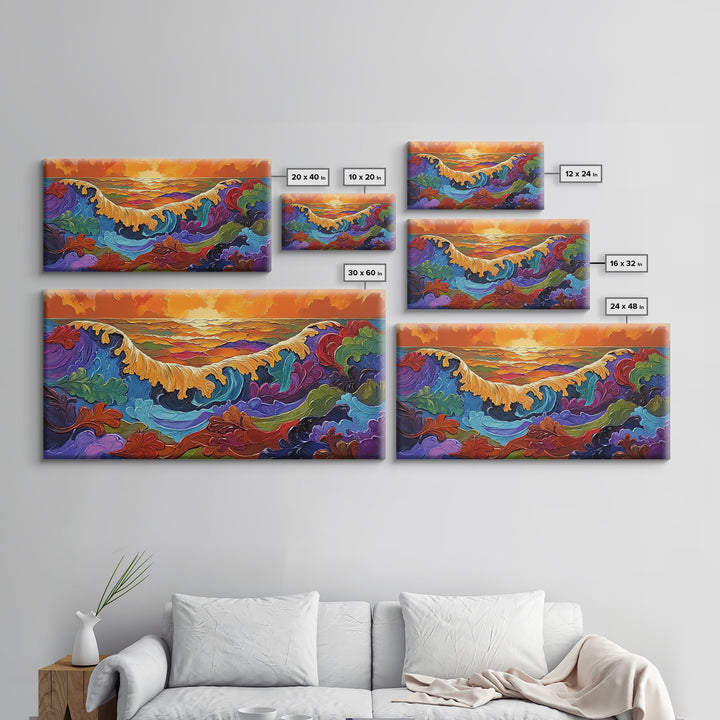 Ocean Abstract, Waves, Sunset, Framed Canvas Print, Surreal Coastal Art, Living Room Wall Decor, Fantasy Seascape, Boho Expressionist