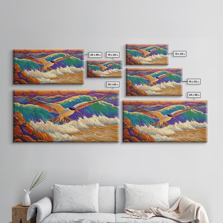 Seagull, Beach, Ocean Waves, Vibrant Sky, Framed Canvas Print, Coastal Wildlife Art, Living Room Wall Decor, Bird Painting, Boho Nature
