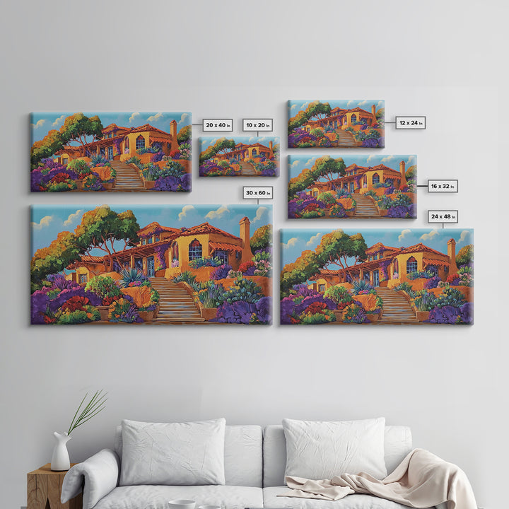 Villa Garden, Adobe, Colorful, Framed Canvas Print, vibrant Mexican villa wall art, blooming flowers, southwestern kitchen décor