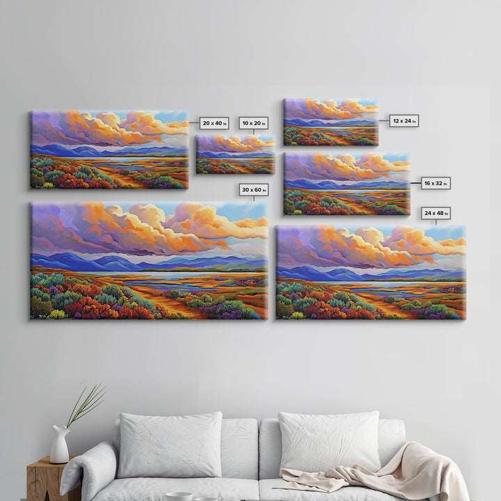 Autumn Mountains, Path, Landscape, Framed Canvas Print, serene autumn mountain scene with vibrant clouds, colorful field trail art