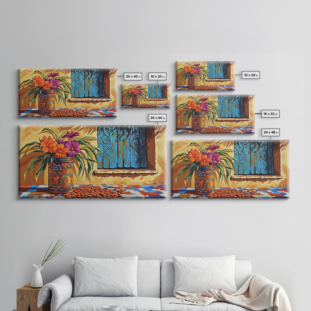 Flowers Pottery, Window, Still Life, Canvas Print, vibrant floral still life wall art, Mexican pottery, rustic kitchen décor