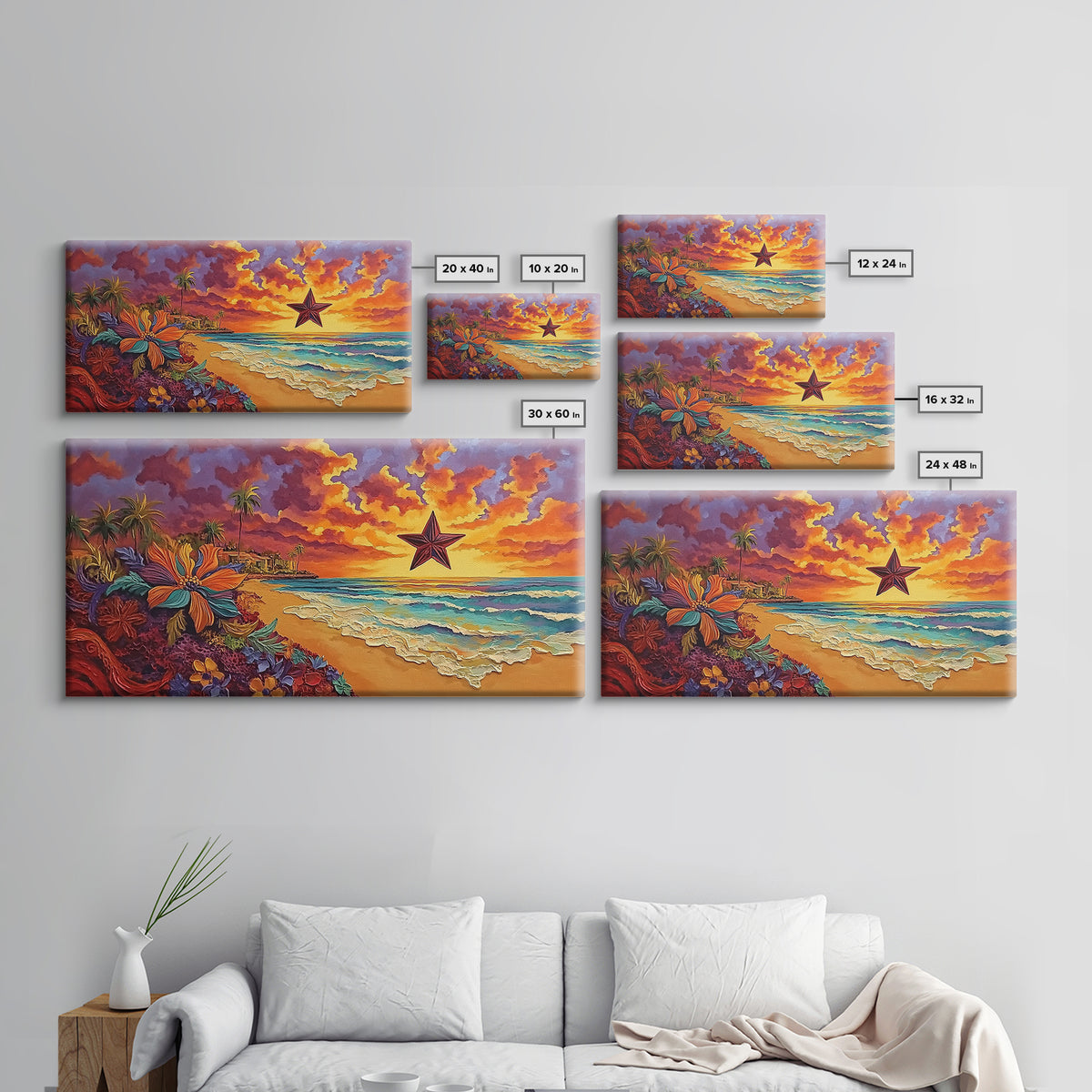 Beach Star, Flower, Sunset, Framed Canvas Print, beach sunset art with star, bold tropical flowers, palm trees, vivid sky, living room