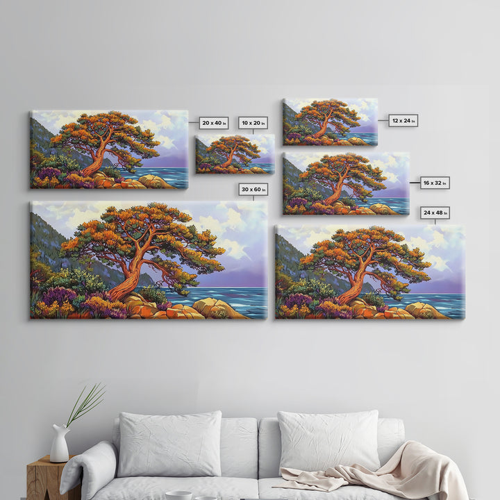 Coastal Tree, Sunset, Ocean, Vibrant tree coastal scene, Canvas Print, Fall Decor, Nature Art, Living Room Wall Art, Earthy Tones