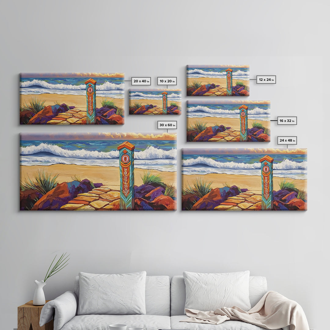 Beach Path, Waves, Nature, Ocean path with pillar, Framed Canvas Print, Coastal Decor, Vibrant Wall Art, Bathroom or Hallway Art