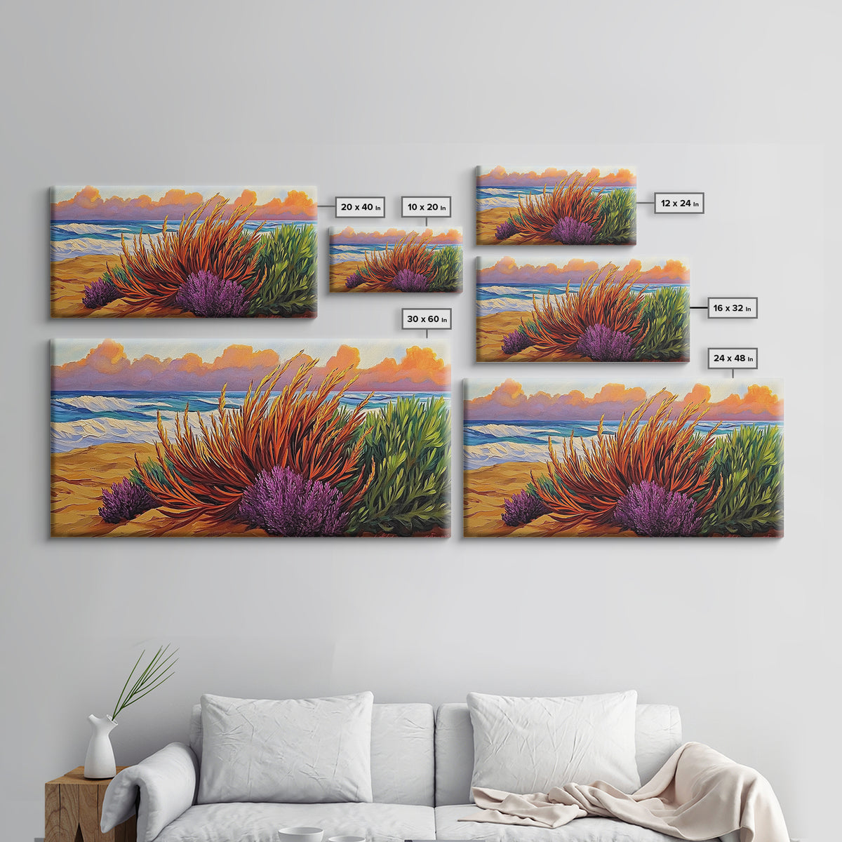 Beach, Sunset, Grasses, Coastal, Canvas Print, Tropical coastal wall art, desert beach boho art, modern bathroom art, hallway decor