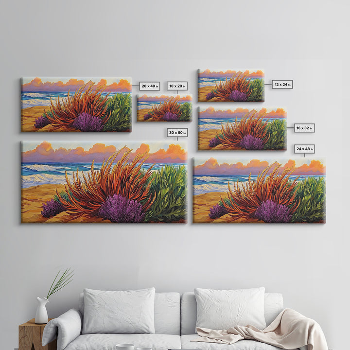 Beach, Sunset, Grasses, Coastal, Canvas Print, Tropical coastal wall art, desert beach boho art, modern bathroom art, hallway decor