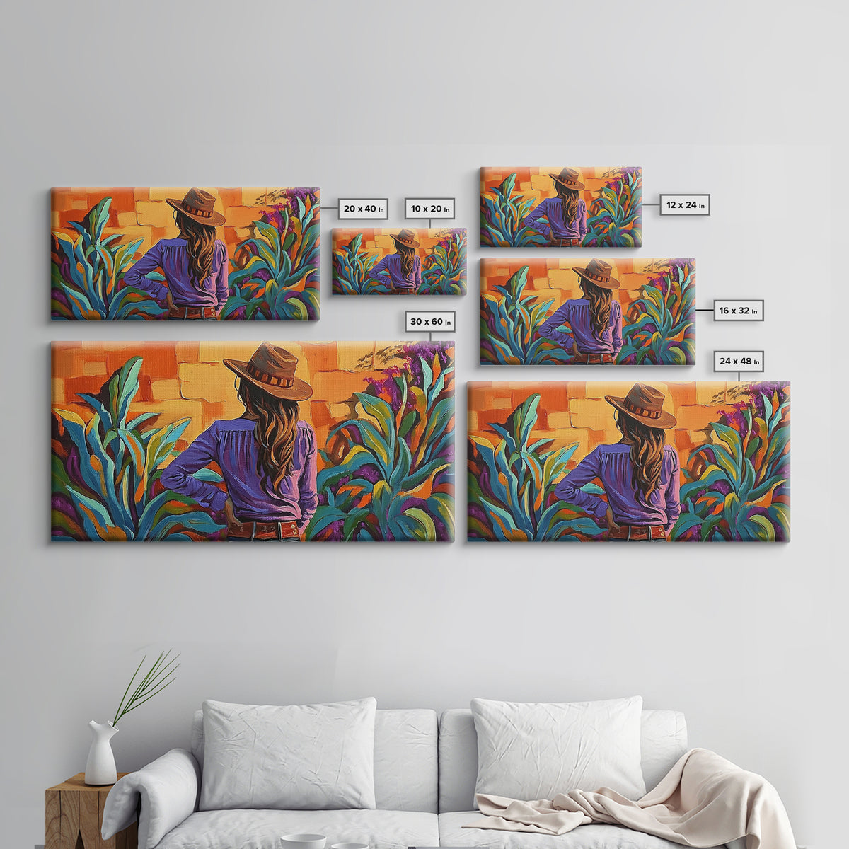 Cowgirl Desert, Vibes, Art, Framed Canvas Print, Western woman cactus wall art, rustic country home decor, southwestern living room