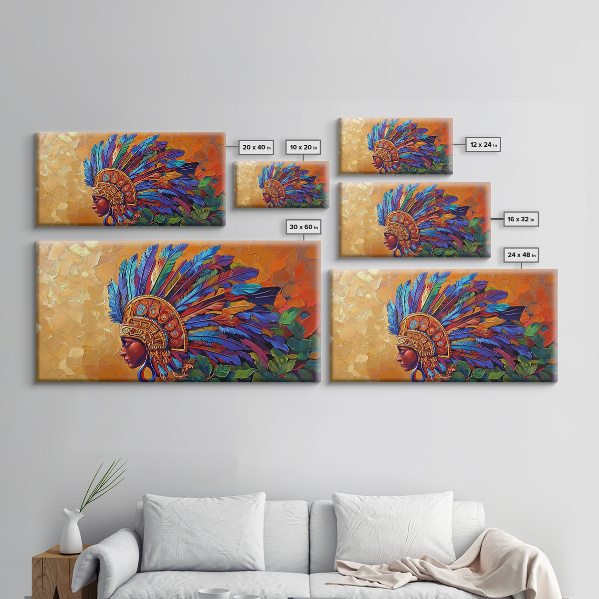 Aztec Warrior, Headpiece, Art, Framed Canvas Print, Indigenous feather headdress wall decor, bold bohemian accent, office statement