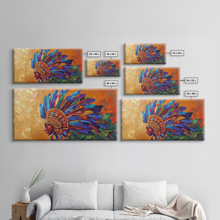 Aztec Warrior, Headpiece, Art, Framed Canvas Print, Indigenous feather headdress wall decor, bold bohemian accent, office statement