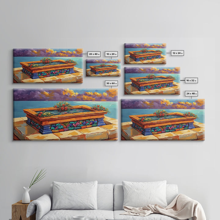 Tile Garden, Water, Feature, Framed Canvas Print Bright terracotta planter wall art, outdoor courtyard or patio decor, folk painting