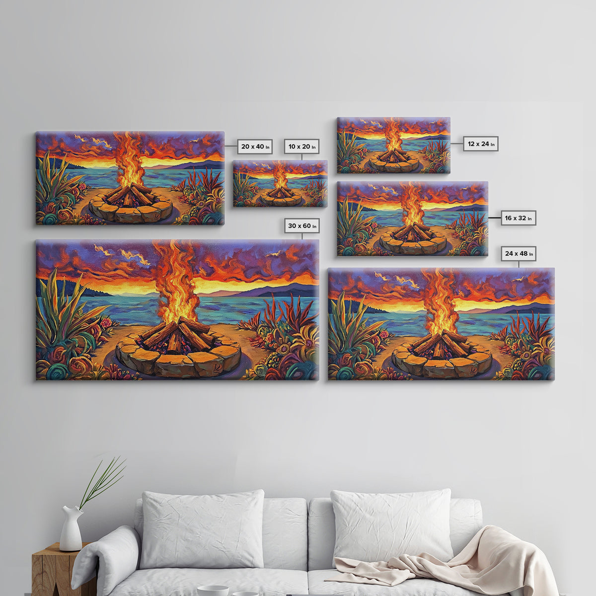 Campfire Desert, Sunset, Fiery Skies, bold landscape Canvas Print, autumn outdoor art, cozy rustic living room wall décor