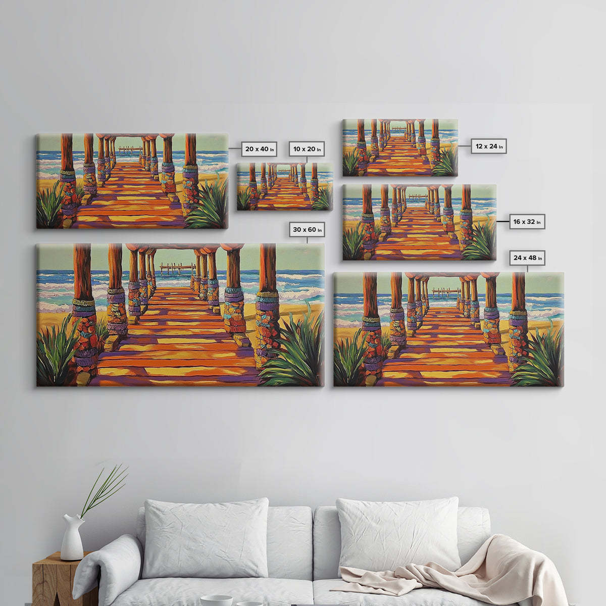 Pier Beach, Sunset, Vibrant, Canvas Print tropical coastal wall art, beach hallway decor, ocean waves painting, summer home artwork