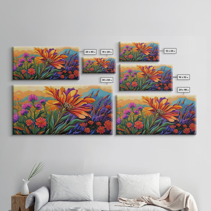 Flower Sunrise, Field, Vibrant, Canvas Print boho floral bedroom wall art, wildflower sunrise nature decor, garden field artwork