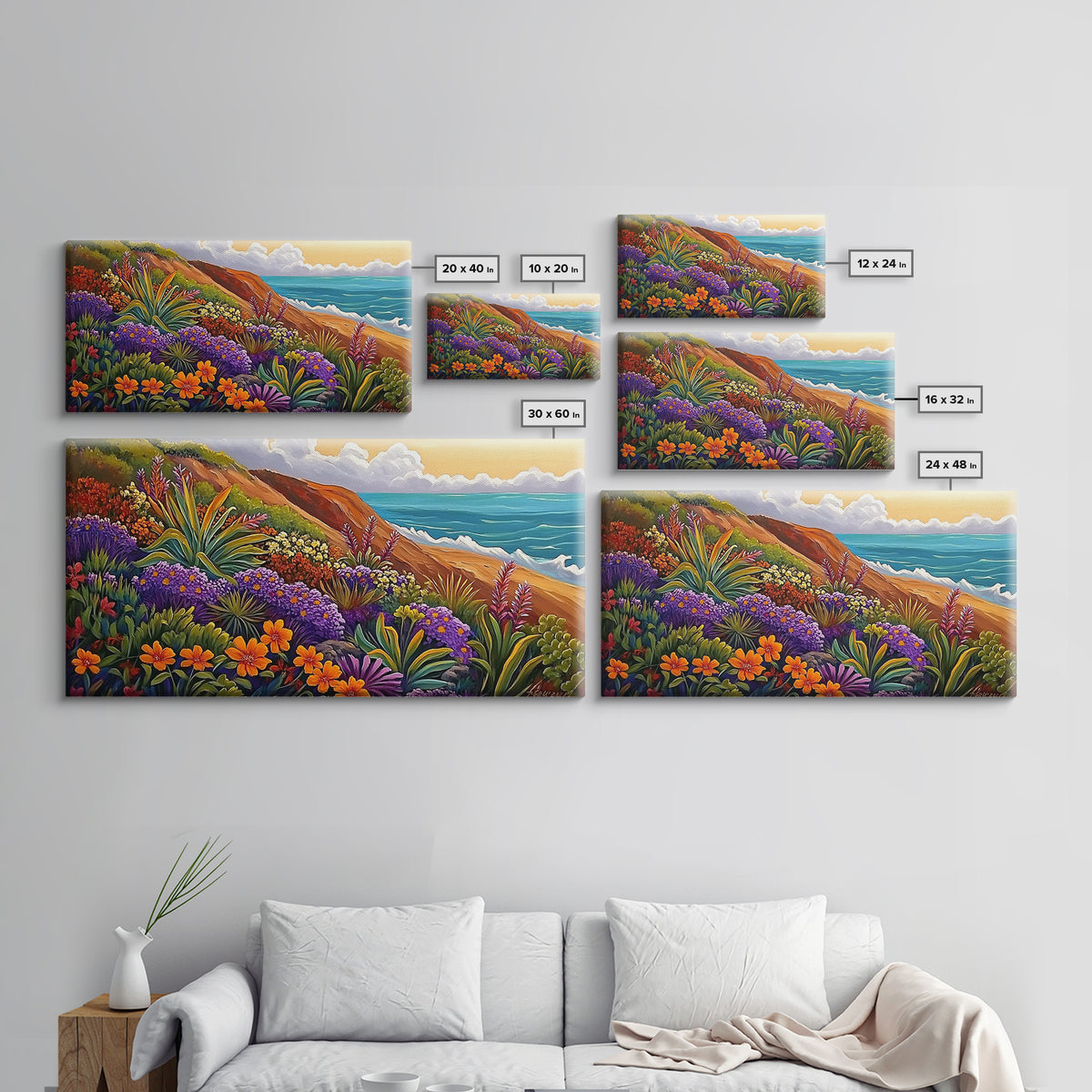 Coastal Floral, Landscape Painting, Canvas Print, vibrant beach flowers, ocean view wall decor, boho style Living Room Wall Art