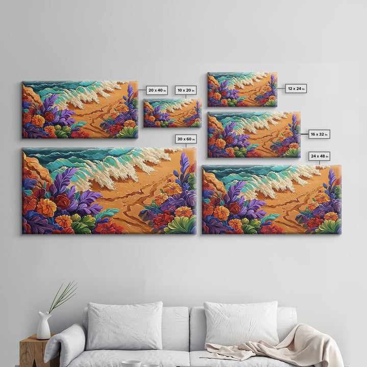 Tropical, Flower, Wave Art, Framed Canvas Print, coastal floral seascape painting, vibrant Summer Decor, Bathroom Wall Art, boho art