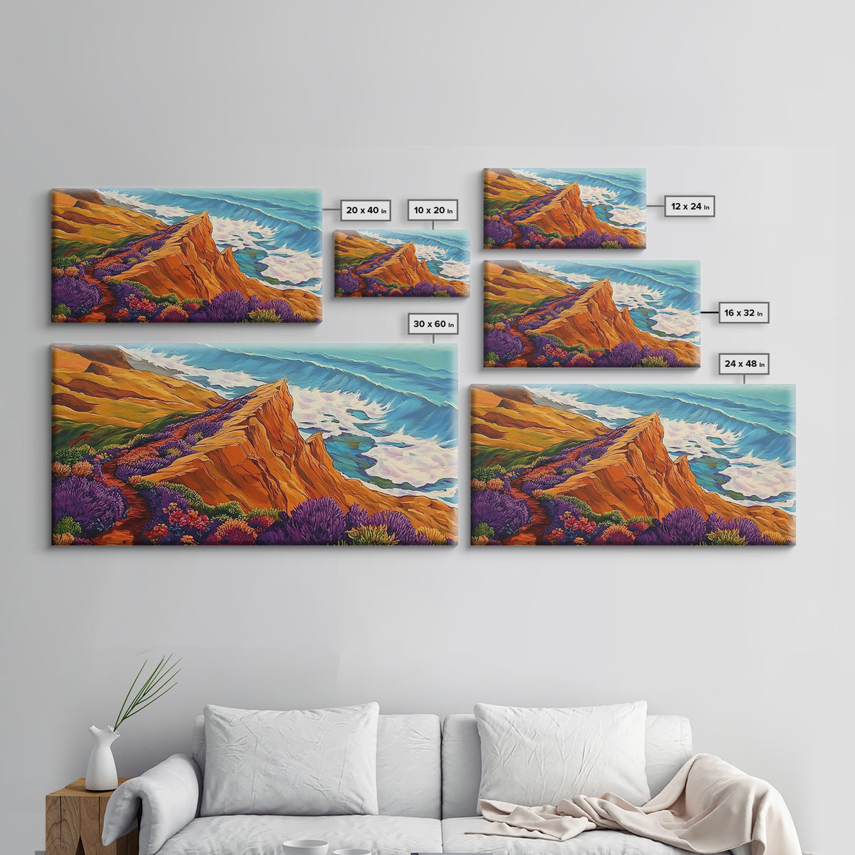 Cliff Flowers, Ocean Horizon, Framed Canvas Print, bold floral bluff, coastline scene, vibrant scenic Kitchen Wall Art, boho decor