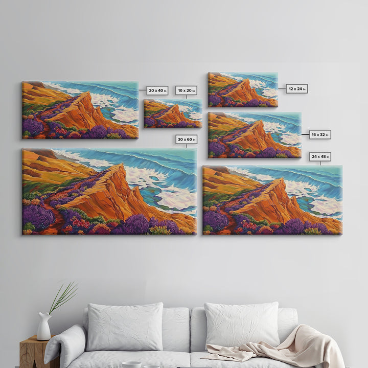 Cliff Flowers, Ocean Horizon, Framed Canvas Print, bold floral bluff, coastline scene, vibrant scenic Kitchen Wall Art, boho decor