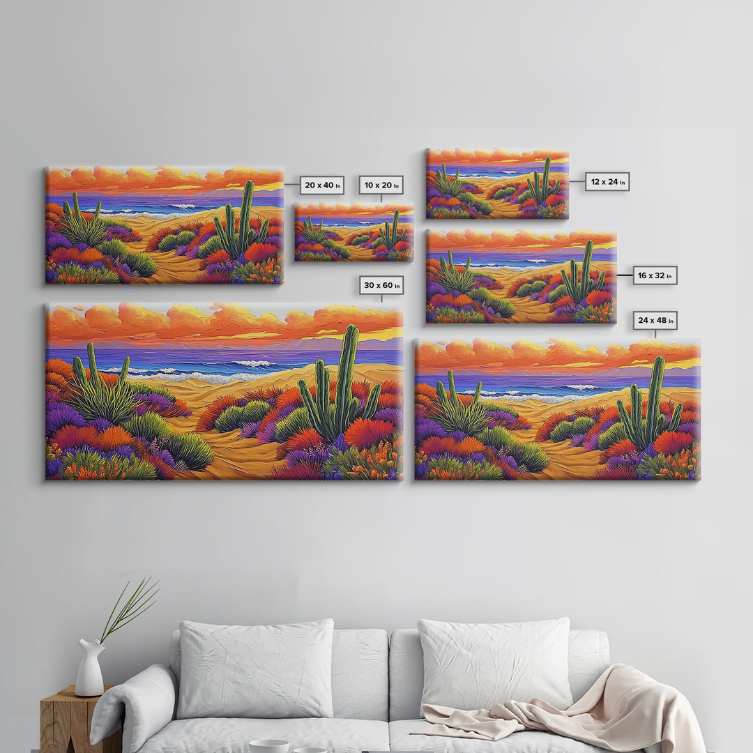 Cactus Sunset, Desert Painting, Framed Canvas Print, vibrant desert coastline, colorful flora, boho ar,t Southwest Style Entryway