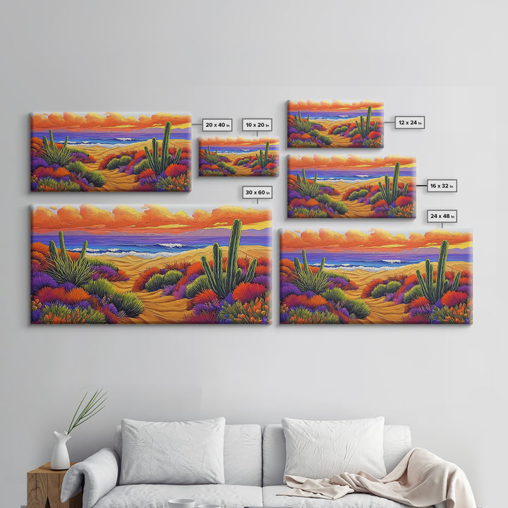 Cactus Sunset, Desert Painting, Framed Canvas Print, vibrant desert coastline, colorful flora, boho ar,t Southwest Style Entryway