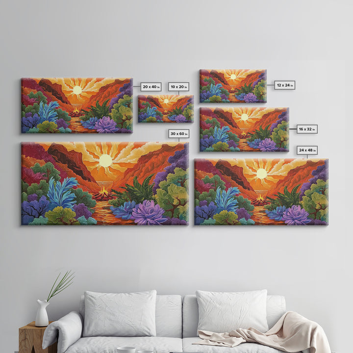 Campfire Valley, Sunset, Vivid Sky, bright forest Canvas Print, fall nature decor, bold boho fire painting, cozy cabin wall art