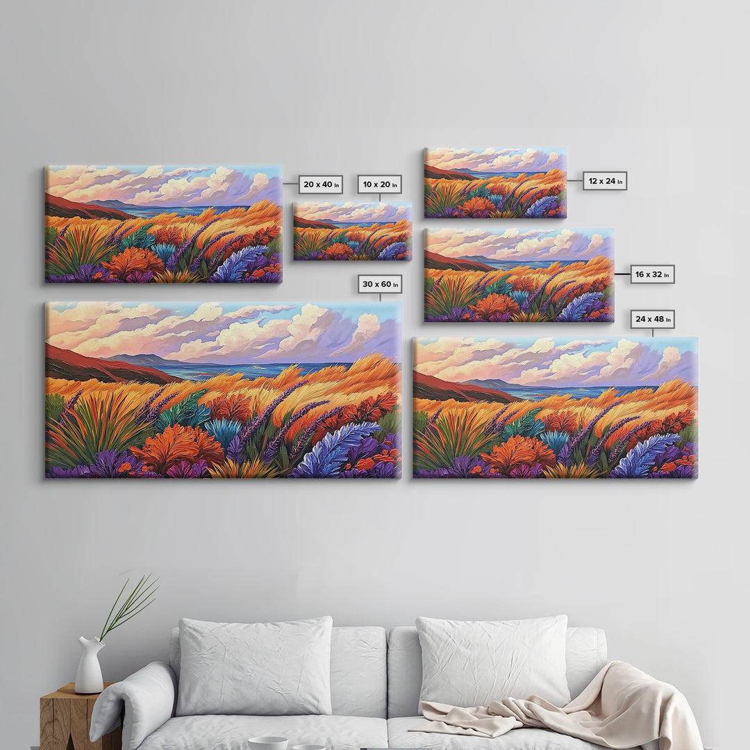 Golden Field, Coastal Landscape, Sunset, Colorful Grass, Ocean View, Large Wall Art, Living Room Wall Art, Canvas Print, Nature Decor
