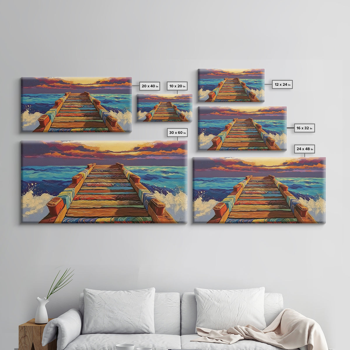 Ocean Pier, Sunset Seascape, Beach House Art, Rustic Dock, Nautical Wall Art, Colorful Painting, Coastal Landscape, Canvas Print