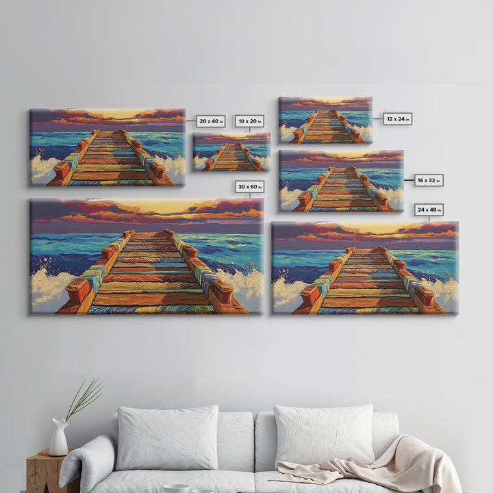 Ocean Pier, Sunset Seascape, Beach House Art, Rustic Dock, Nautical Wall Art, Colorful Painting, Coastal Landscape, Canvas Print