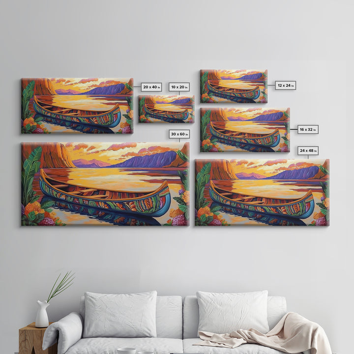 Canoe Tropical, Sunset Reflections, Serene Waters, exotic island Framed Canvas Print, tranquil boho decor, lakehouse wall art
