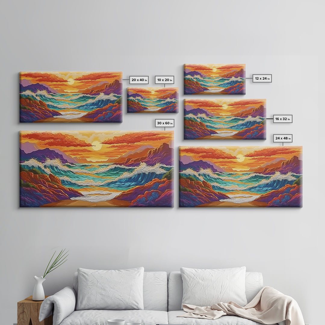Coastal Sunset, Crashing, Waves, Canvas Print bold seascape painting Living Room Wall Art tropical ocean wall decor beach house style