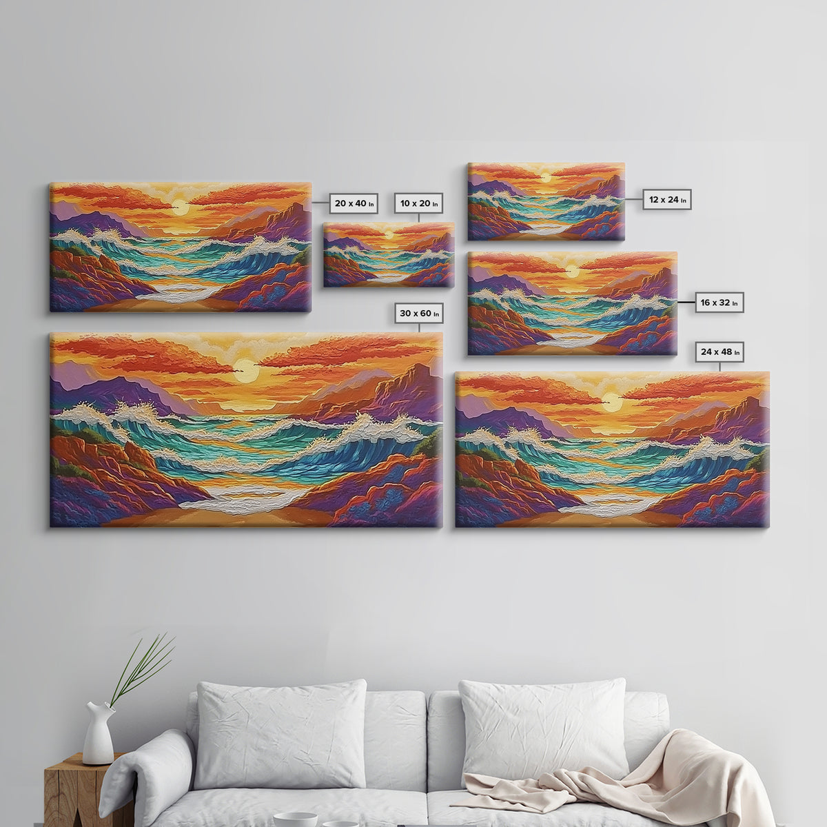 Coastal Sunset, Crashing, Waves, Canvas Print bold seascape painting Living Room Wall Art tropical ocean wall decor beach house style