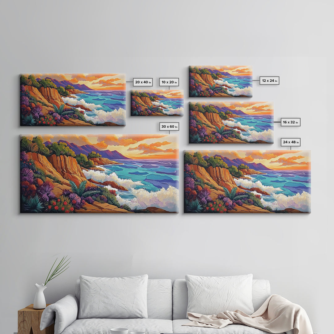 Ocean Cliffside, Sunset, View, Framed Canvas Print vibrant coastal nature artwork Living Room Wall Art beach house boho wall decor