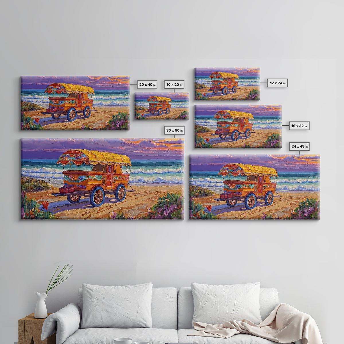 Beach Wagon, Sunset, Nostalgia, Canvas Print vintage coastal travel art Living Room Wall Art boho beach scene summer home vibe