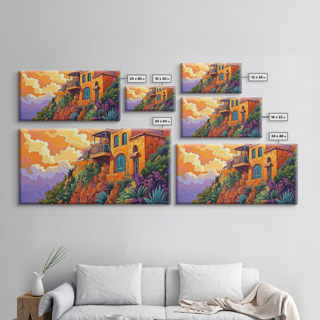 Cliffside House, Sunset, View, Desert boho mountain house, colorful Canvas Print, living room wall art, dramatic sky landscape painting
