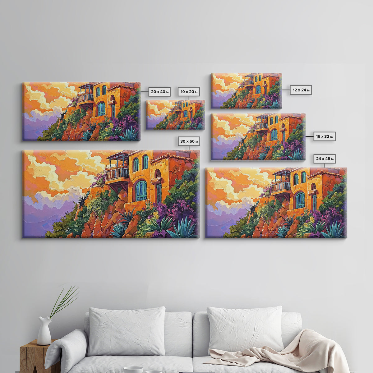 Cliffside House, Sunset, View, Desert boho mountain house, colorful Canvas Print, living room wall art, dramatic sky landscape painting