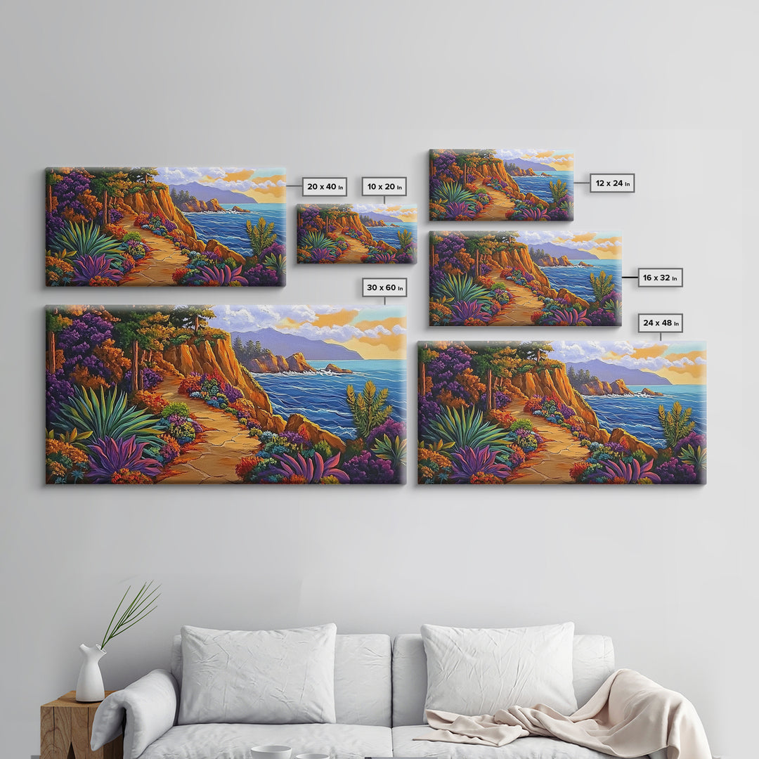 Pathway Ocean, Flowers, Escape, Coastal trail wall art, vibrant Canvas Print, bedroom nature painting, colorful California coast style