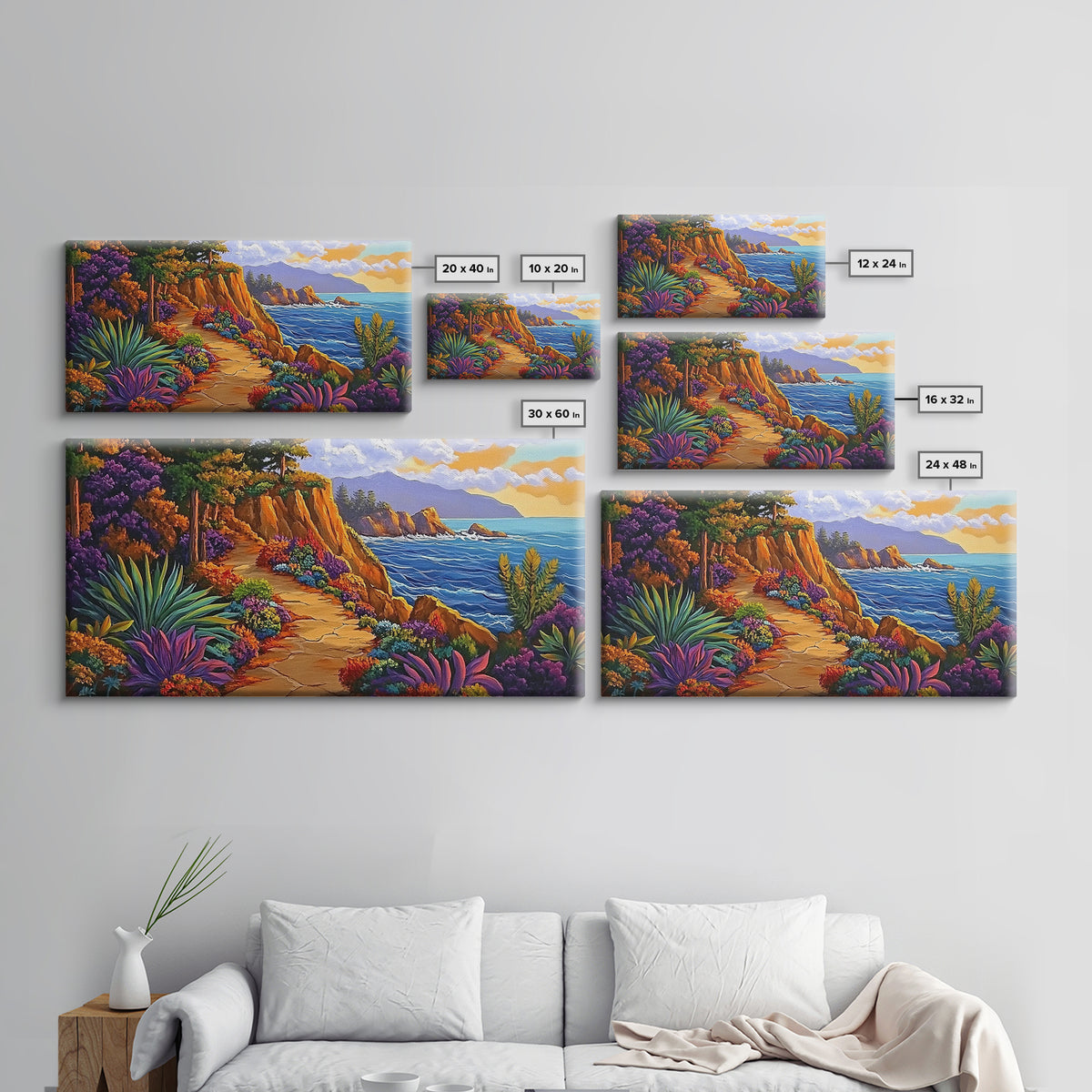 Pathway Ocean, Flowers, Escape, Coastal trail wall art, vibrant Canvas Print, bedroom nature painting, colorful California coast style