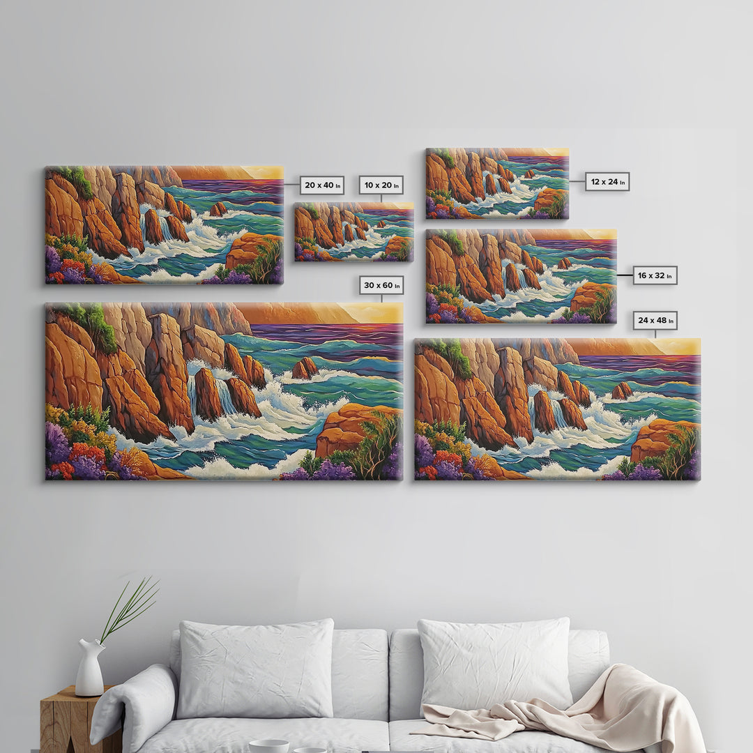Rocks Waves, Sea, Energy, Dramatic cliff seascape Canvas Print, living room wall art, bold ocean decor, coastal energy painting