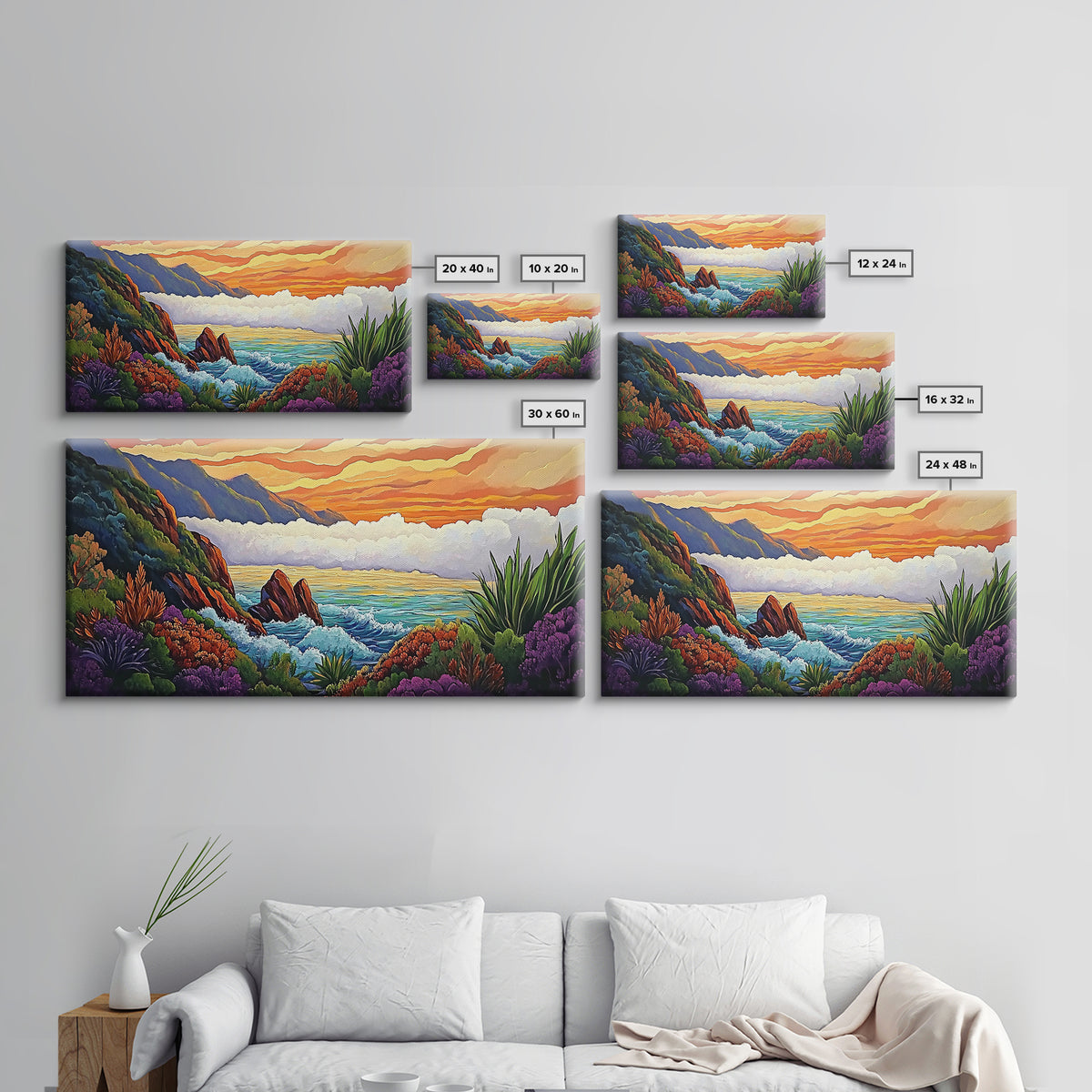Ocean Sunset, Hills, Tropical, Serene beach Canvas Print, tropical landscape wall art, calming sunset painting, living room boho decor