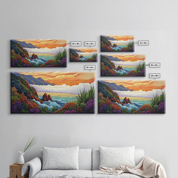 Ocean Sunset, Hills, Tropical, Serene beach Canvas Print, tropical landscape wall art, calming sunset painting, living room boho decor